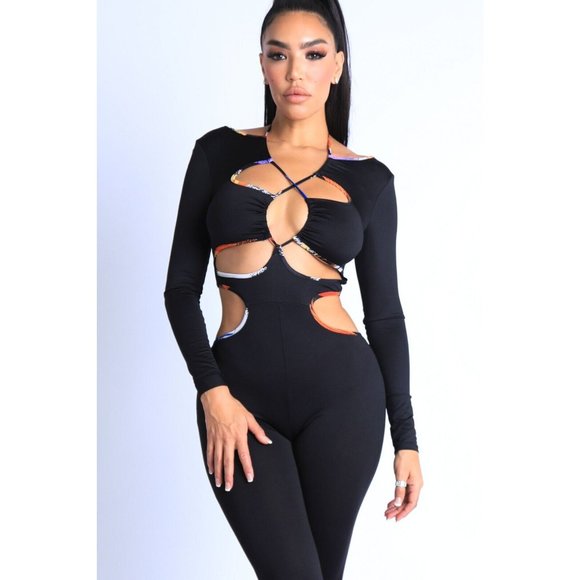 Women's Sexy Bodycon Rainbow Binding Detailed Cut Out Jumpsuit Black S M L - Picture 1 of 11